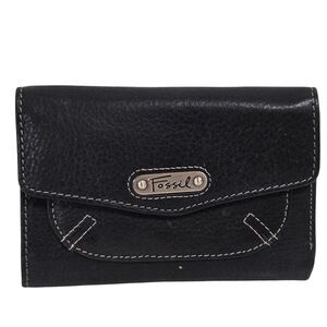 Fossil Vintage Trifold Black Leather Wallet Expandable Snap close Organizer 5.5"